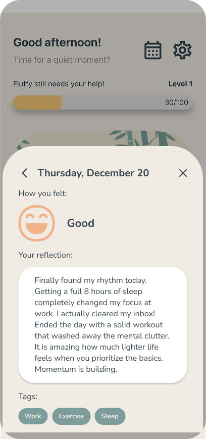Evozen journal entry with mood, reflection and tags